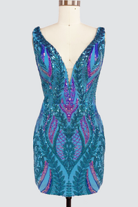 Blue V Neck Sequins Short Tight Homecoming Dresses VK081401