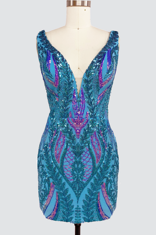 Blue V Neck Sequins Short Tight Homecoming Dresses VK081401