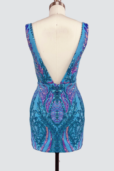 Blue V Neck Sequins Short Tight Homecoming Dresses VK081401