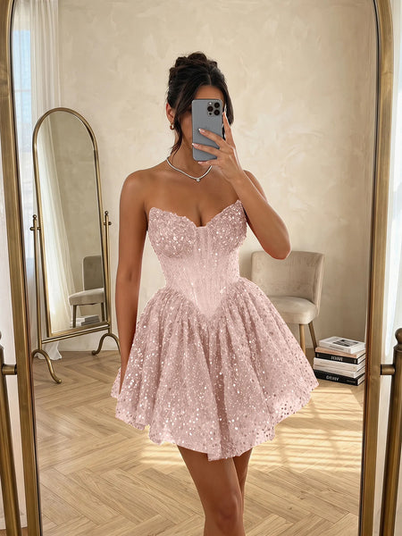 Sequin Strapless Sweetheart Mini Homecoming Dress with Ruffled Skirt