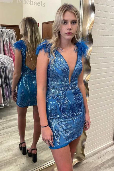 Bodycon Deep V Neck Black Sequins Short Homecoming Dresse VK23092109