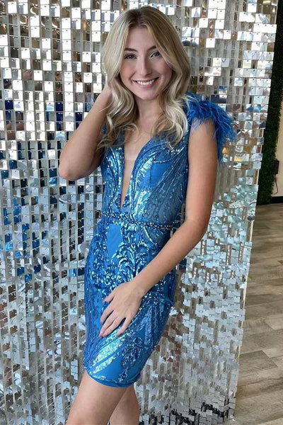 Bodycon Deep V Neck Black Sequins Short Homecoming Dresse VK23092109