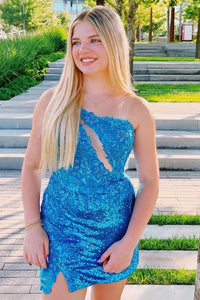 Bodycon One-Shoulder Keyhole Tight Short Homecoming Dress with Lace VK23063004