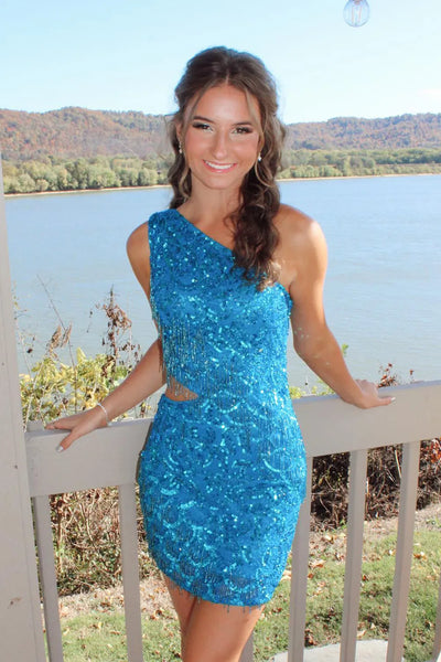 Bodycon One Shoulder Blue Sequins Short Homecoming Dresses with Fringes VK081510