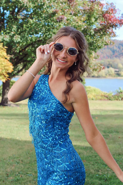 Bodycon One Shoulder Blue Sequins Short Homecoming Dresses with Fringes VK081510