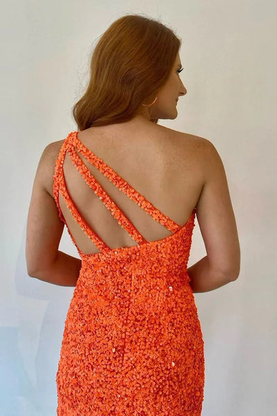 Bodycon One Shoulder Orange Sequins Short Tight Homecoming Dresses VK23062905