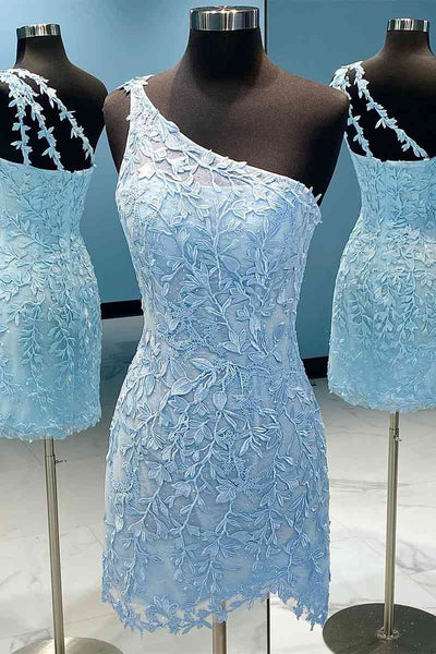 Bodycon One Shoulder Pink Lace Appliques Short Homecoming Dresses VK23062906