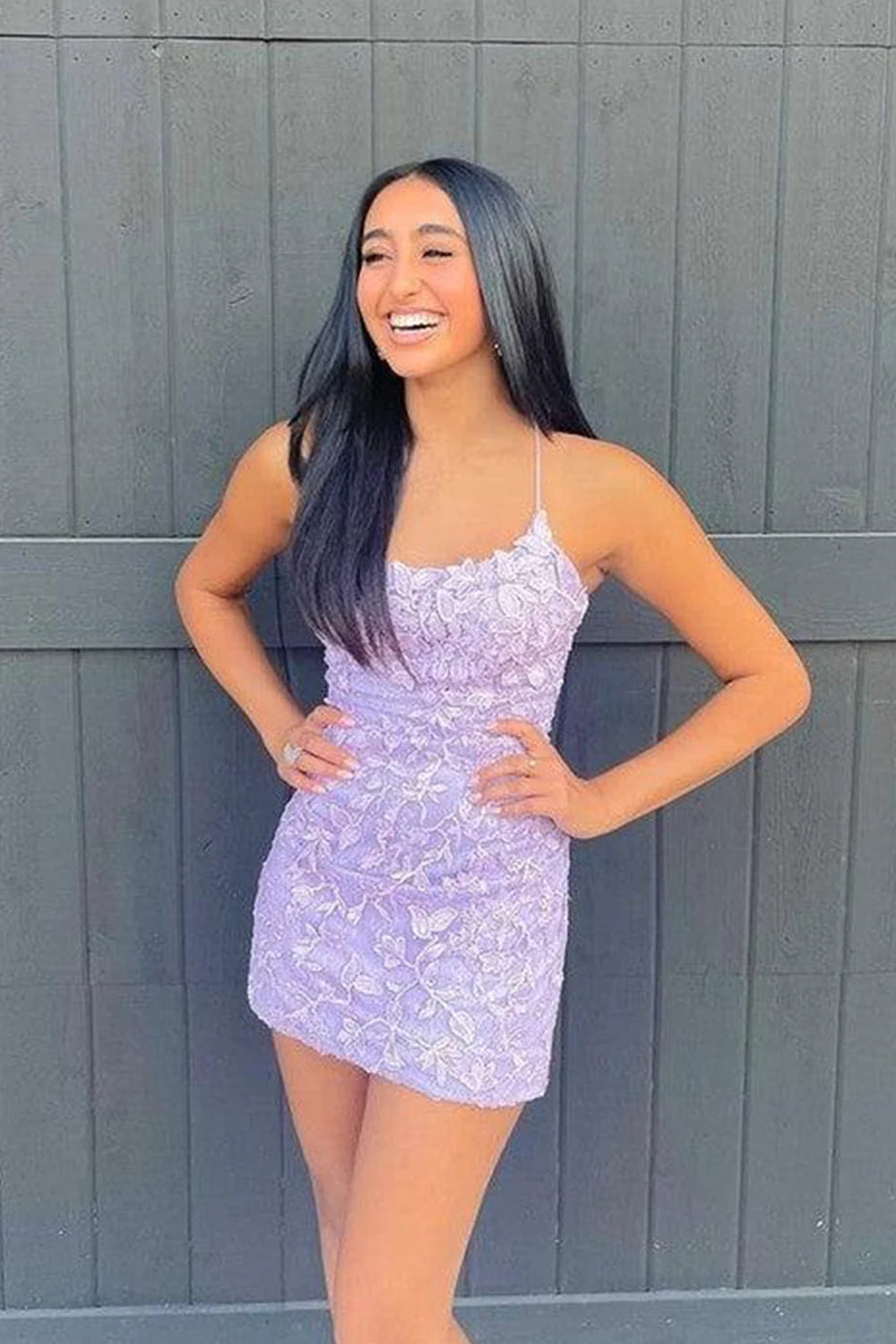 Bodycon Scoop Neck Lilac Tight Short Homecoming Dress with Appliques VK23091702