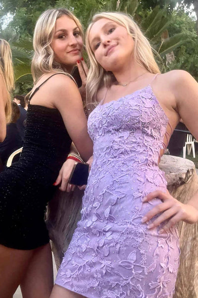 Bodycon Scoop Neck Lilac Tight Short Homecoming Dress with Appliques VK23091702