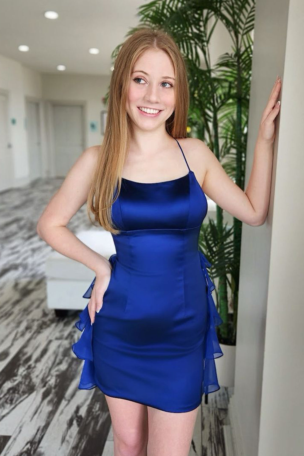 Bodycon Scoop Neck Royal Blue Ruffle Tight Short Homecoming Dress VK24090501