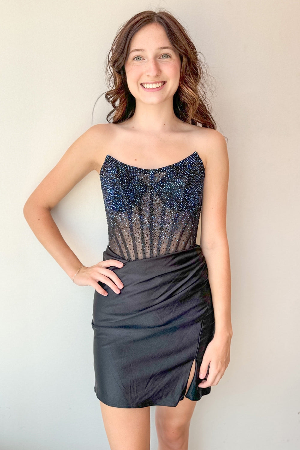 Bodycon Strapless Black Satin Beads Tight Short Homecoming Dresses with Slit VK24091005