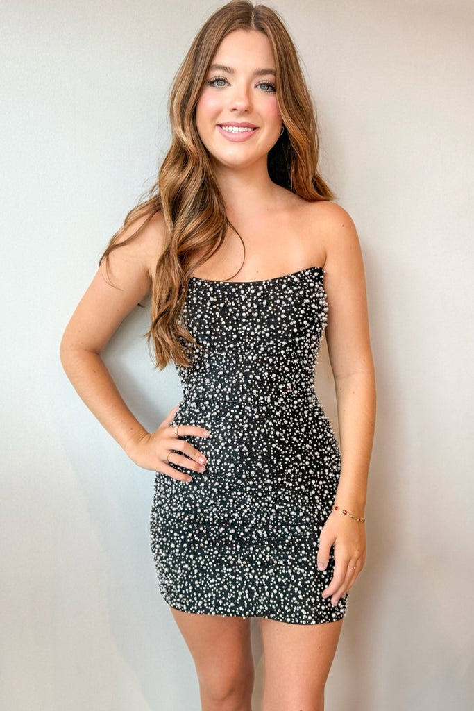 Bodycon Strapless Black Tight Short Homecoming Dresses with Beadings  VK24090907 – Vickidress
