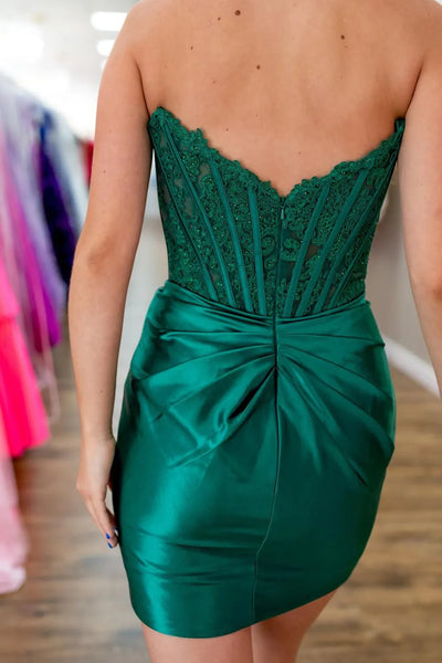 Bodycon Strapless Dark Green Satin Short Homecoming Dresses with Appliques VK082104