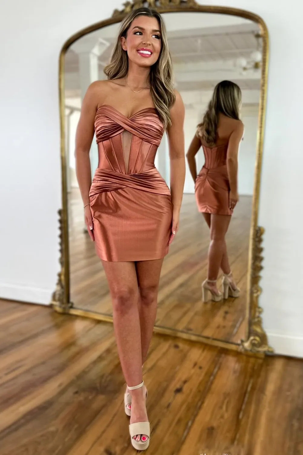 Bodycon Strapless Keyhole Gold Tight Homecoming Dresses VK24082705 Vickidress Bodycon Strapless Keyhole Gold Tight Homecoming Dresses VK24082705 Vickidress