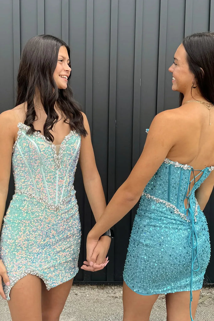 Bodycon Strapless Light Blue Sequins Tight Short Homecoming Dresses ...