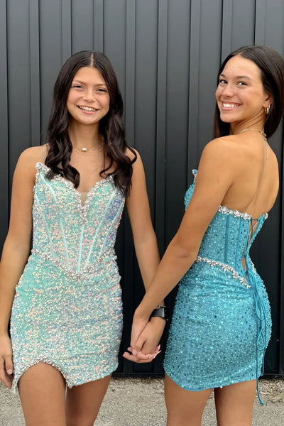 Bodycon Strapless Light Blue Sequins Tight Short Homecoming Dresses with Beadings VK24090603