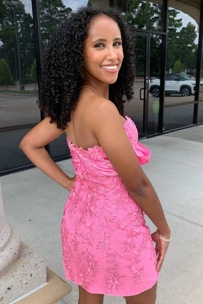 Bodycon Strapless Pink Appliques Tight Short Homecoming Dresses with Bownot VK24082404