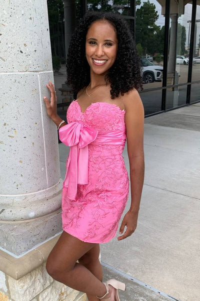 Bodycon Strapless Pink Appliques Tight Short Homecoming Dresses with Bownot VK24082404