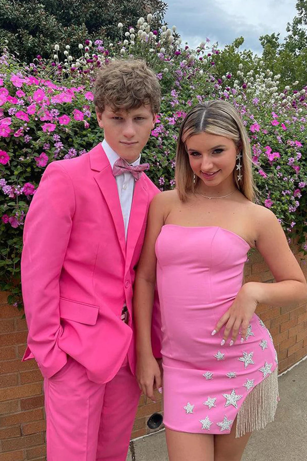 Bodycon Strapless Pink Satin Tight Homecoming Dress with Fringes VK23091711