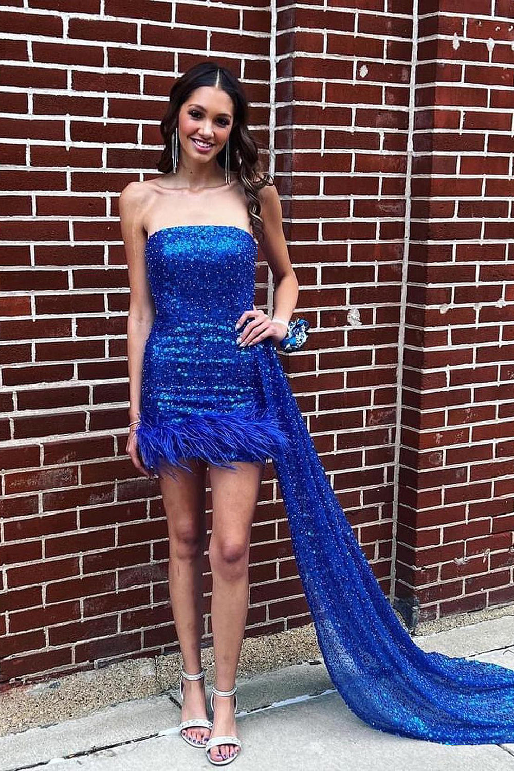 Bodycon Strapless Royal Blue Sequins Short Homecoming Dresses with Feather VK240902609
