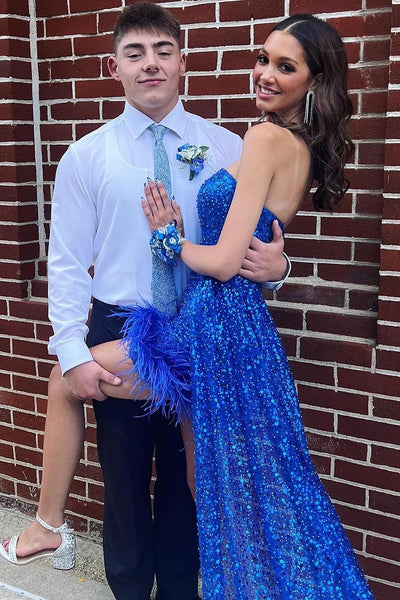 Bodycon Strapless Royal Blue Sequins Short Homecoming Dresses with Feather VK240902609