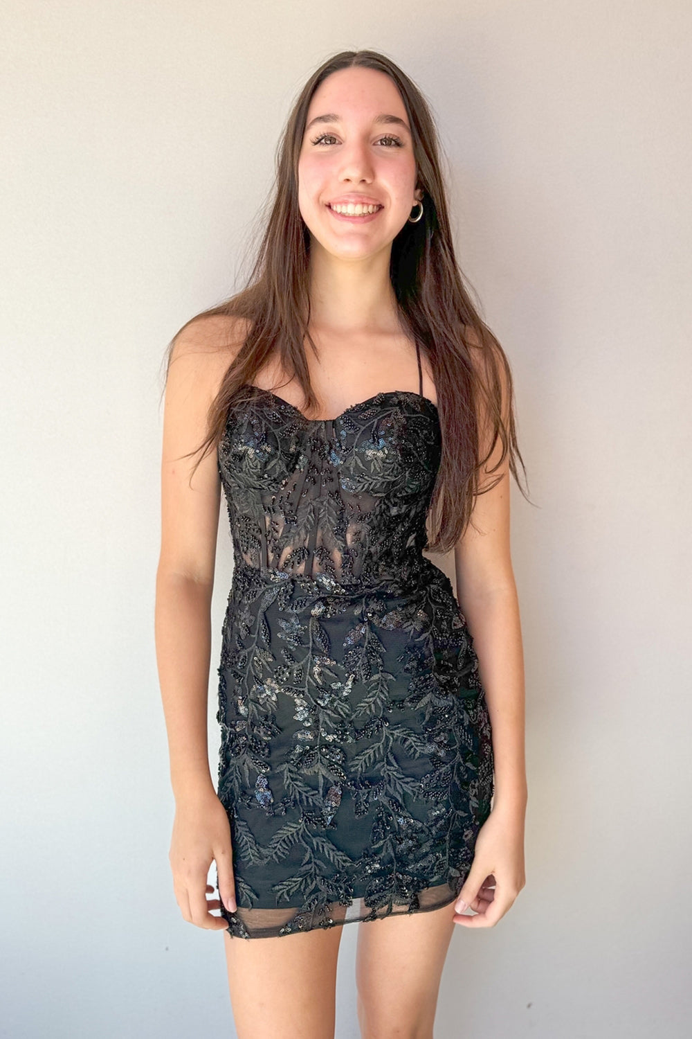 Bodycon Sweetheart Black Sequin Lace Tight Short Homecoming Dresses VK24091007
