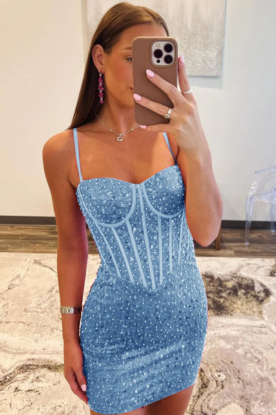 Bodycon Sweetheart Blue Sequins Short Tight Homecoming Dress VK081607