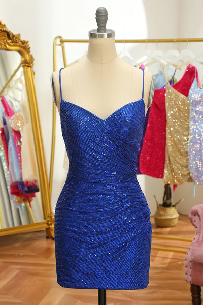 Bodycon V Neck Blue Sequins Tight Short Homecoming Dress VK23092210