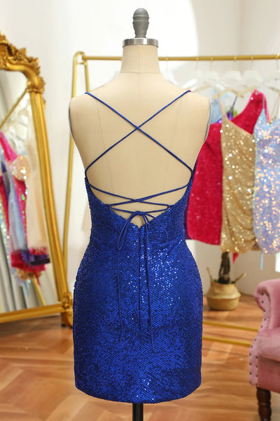 Bodycon V Neck Blue Sequins Tight Short Homecoming Dress VK23092210