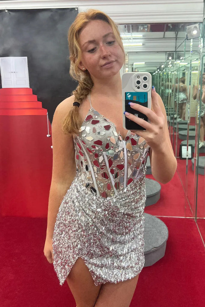 Bodycon V Neck Dark Green Sequins Short Homecoming Dresses