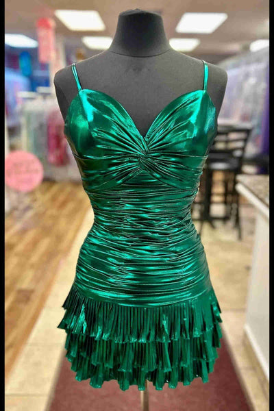 Bodycon V Neck Dark Green Tiered Tight Short Homecoming Dresses VK24082301