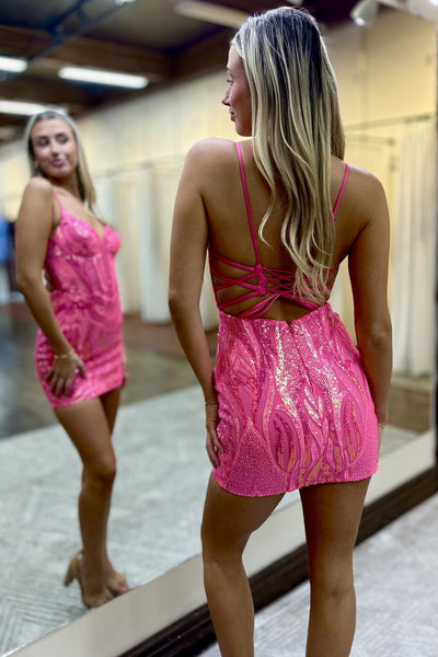 Bodycon V Neck Fuchsia Sequins Lace Tight Short Homecoming Dresses VK24091203