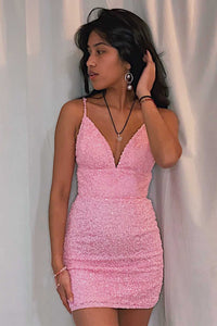 Bodycon V Neck Pink Sequin Short homecoming Dresses VK23052306 – Vickidress