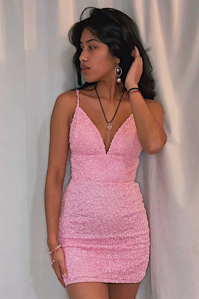 Bodycon V Neck Pink Sequin Short homecoming Dresses VK23052306