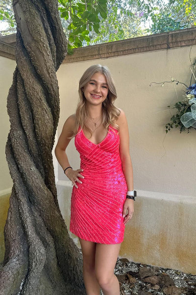 Bodycon V Neck Pink Sequins Tight Short Homecoming Dresses VK24091001