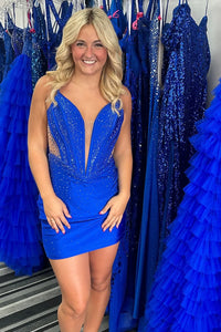 Bodycon V Neck Royal Blue Beads Tight Short Homecoming Dresses VK24082403