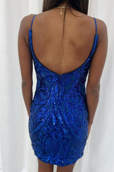 Bodycon V Neck Royal Blue Sequins Short Homecoming Dresses VK082205