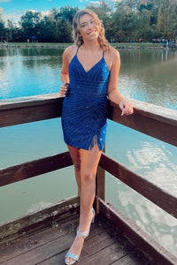 Bodycon V Neck Royal Blue Tight Short Homecoming Dress with Beadings VK240902606
