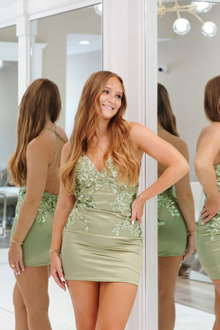 Bodycon V Neck Sage Green Sequin Appliques Tight Homecoming Dresses VK24082901