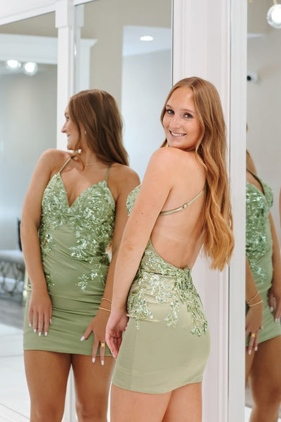 Bodycon V Neck Sage Green Sequin Appliques Tight Homecoming Dresses VK24082901