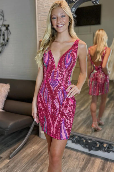 Bodycon V Neck Sequin Lace Short Tight Homecoming Dress VK23112211