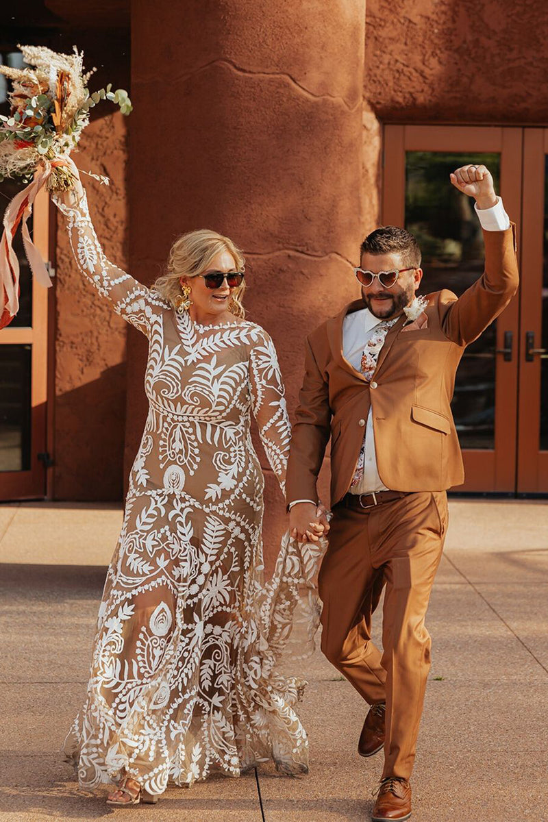 Bohemian Mermaid Long Sleeves Champagne Lace Wedding Dresses VK073146-1