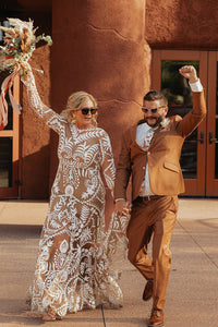 Bohemian Mermaid Long Sleeves Champagne Lace Wedding Dresses VK073146-1