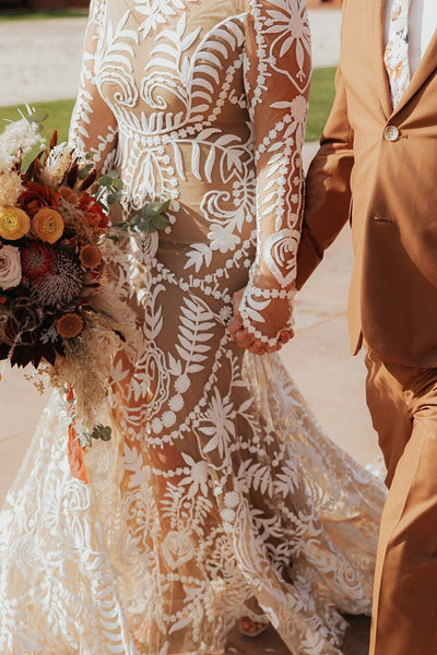 Bohemian Mermaid Long Sleeves Champagne Lace Wedding Dresses VK073146-5