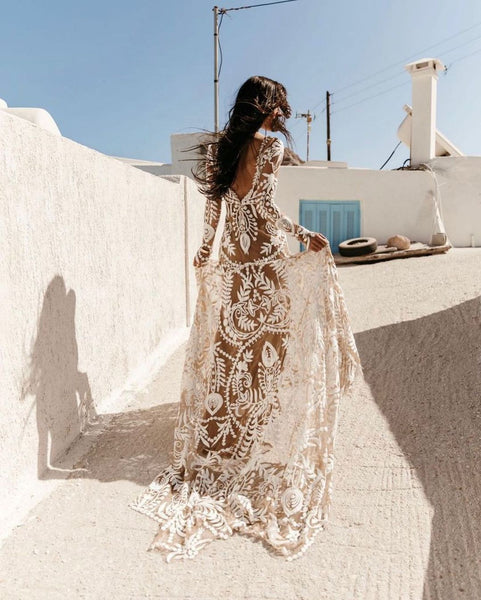 Bohemian Mermaid Round Neck Lace Beach Wedding Dresses VK23052202-2