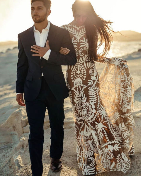 Bohemian Mermaid Round Neck Lace Beach Wedding Dresses VK23052202-3