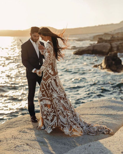 Bohemian Mermaid Round Neck Lace Beach Wedding Dresses VK23052202-4