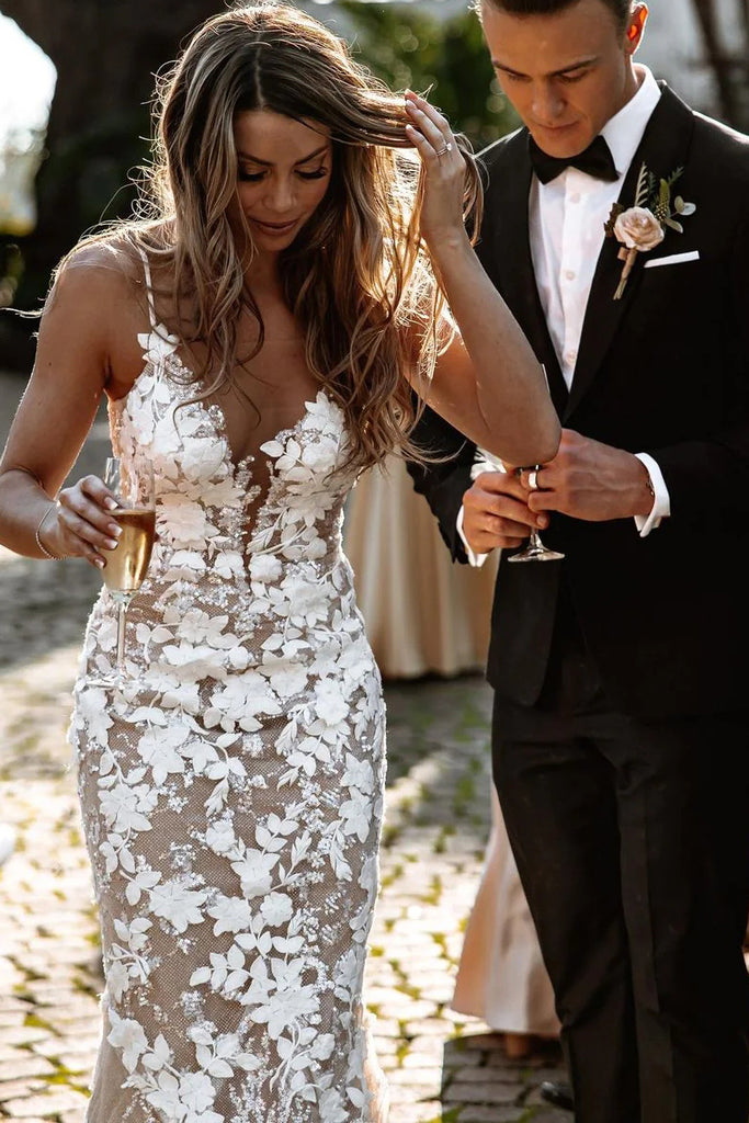 Bohemian Mermaid V Neck Lace Wedding Dresses with Appliques VK23051701 Vickidress Bohemian Mermaid V Neck Lace Wedding Dresses with Appliques VK23051701 Vickidress