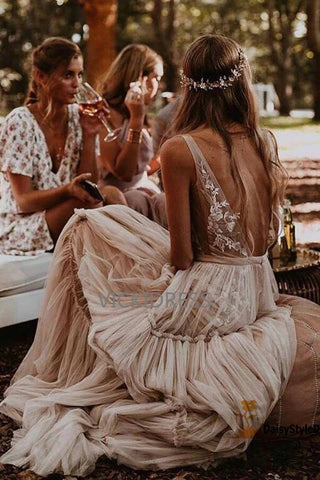 Boho A-Line V Neck Open Back Tulle Lace Wedding Dresses VK0105028