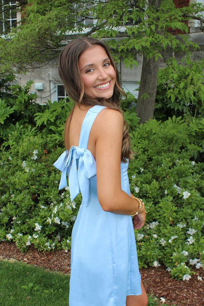Bow Straps Baby Blue A-line Satin Short Dress